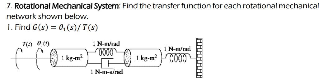 7. Rotational Mechanical System: Find the transfer function for each rotational mechanical
network shown below.
1. Find G(s) = 0₁(s)/T(s)
T(t)
8,(1)
(CO²)
1 kg-m²
1 N-m/rad
0000
1 N-m-s/rad
1 N-m/rad
1 kg-m²0000
▬▬▬▬▬