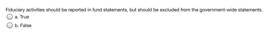 Fiduciary activities should be reported in fund statements, but should be excluded from the government-wide statements.
a. True
b. False
