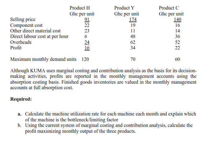 a. Calculate the machine utilization rate for each machine each month and explain which
of the machine is the bottleneck/limiting factor
b. Using the current system of marginal costing and contribution analysis, calculate the
profit maximizing monthly output of the three products.
