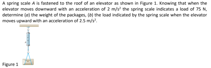 A spring scale A is fastened to the roof of an elevator as shown in Figure 1. Knowing that when the
elevator moves downward with an acceleration of 2 m/s? the spring scale indicates a load of 75 N,
determine (a) the weight of the packages, (b) the load indicated by the spring scale when the elevator
moves upward with an acceleration of 2.5 m/s?.
Figure 1
