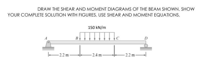 DRAW THE SHEAR AND MOMENT DIAGRAMS OF THE BEAM SHOWN. SHOW
YOUR COMPLETE SOLUTION WITH FIGURES. USE SHEAR AND MOMENT EQUATIONS.
150 kN/m
B
D
2.2 m
- 2.4 m -
- 2.2 m -

