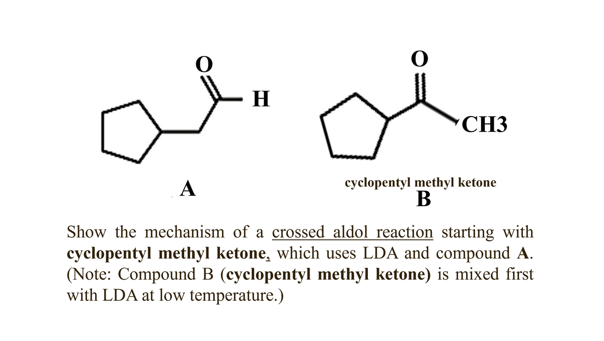 H
CH3
A
cyclopentyl methyl ketone
B
Show the mechanism of a crossed aldol reaction starting with
cyclopentyl methyl ketone, which uses LDA and compound A.
(Note: Compound B (cyclopentyl methyl ketone) is mixed first
with LDA at low temperature.)
