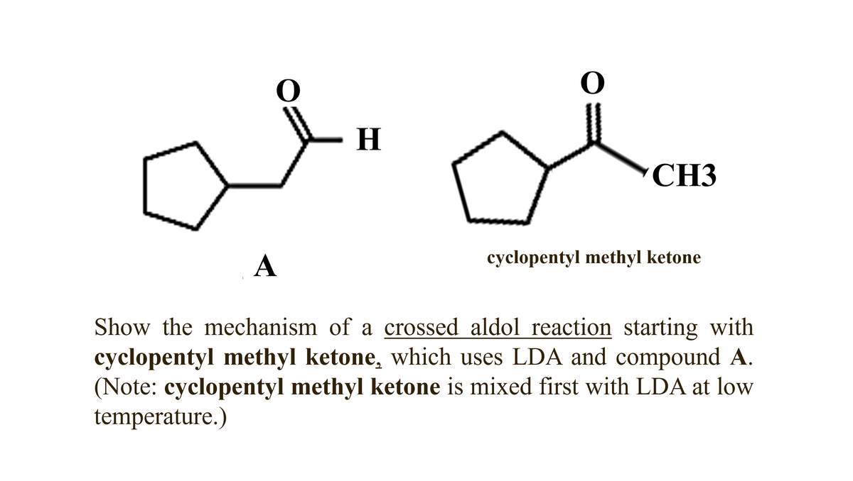H
CH3
A
cyclopentyl methyl ketone
Show the mechanism of a crossed aldol reaction starting with
cyclopentyl methyl ketone, which uses LDA and compound A.
(Note: cyclopentyl methyl ketone is mixed first with LDA at low
temperature.)
