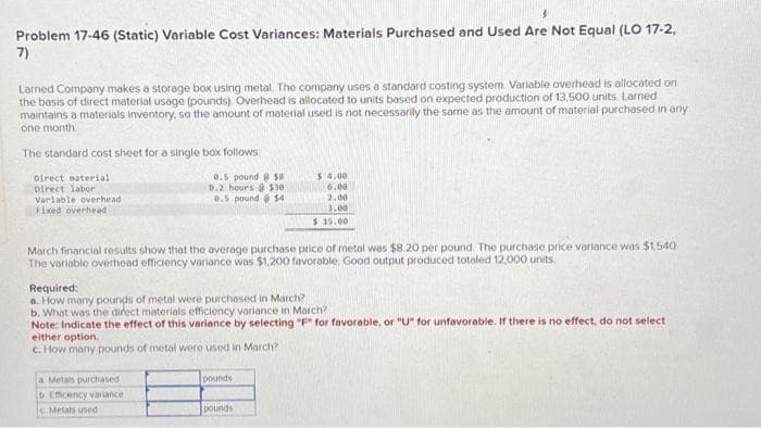 3
Problem 17-46 (Static) Variable Cost Variances: Materials Purchased and Used Are Not Equal (LO 17-2,
7)
Larned Company makes a storage box using metal. The company uses a standard costing system. Variable overhead is allocated on
the basis of direct material usage (pounds) Overhead is allocated to units based on expected production of 13,500 units Larned
maintains a materials inventory, so the amount of material used is not necessarily the same as the amount of material purchased in any
one month.
The standard cost sheet for a single box follows:
0.5 pound $8
0.2 hours $30
0.5 pound @ $4
Direct material
Direct labor
Variable overhead
Fixed overhead
March financial results show that the average purchase price of metal was $8.20 per pound. The purchase price variance was $1,540.
The variable overhead efficiency variance was $1.200 favorable. Good output produced totaled 12,000 units.
Required:
a. How many pounds of metal were purchased in March?
b. What was the direct materials efficiency variance in March?
Note: Indicate the effect of this variance by selecting "F" for favorable, or "U" for unfavorable. If there is no effect, do not select
either option.
c. How many pounds of metal were used in March?
a Metals purchased
b. Efficiency variance
Metals used
$4.00
6.00
2.00
3.00
$15.00
pounds
pounds