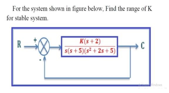 For the system shown in figure below, Find the range of K
for stable system.
K(s + 2)
s(s +5)(s² + 2s + 5)
C
Vindows

