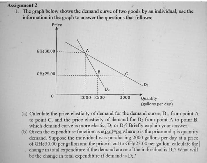 Assignment 2
1. The graph below shows the demand curve of two goods by an individual, use the
information in the graph to answer the questions that follows;
Price
GH¢30.00
B.
GHe25.00
D1
D2
2000 2500
3000
Quantity
(gallons per day)
(a) Calculate the price elasticity of demand for the demand curve, D1, from point A
to point C, and the price elasticity of demand for D2 from point A to point B.
which demand curve is more elastic, Di or D2? Briefly explain your answer.
(b) Given the expenditure function as e(p.q)-pq where p is the price and q is quantity
demand. Suppose the individual was purchasing 2000 gallons per day at a price
of GH¢30.00 per gallon and the price is cut to GHc25.00 per gallon. calculate thhe
change in total expenditure if the demand curve of the individual is D1? What will
be the change in total expenditure if demand is D2?
