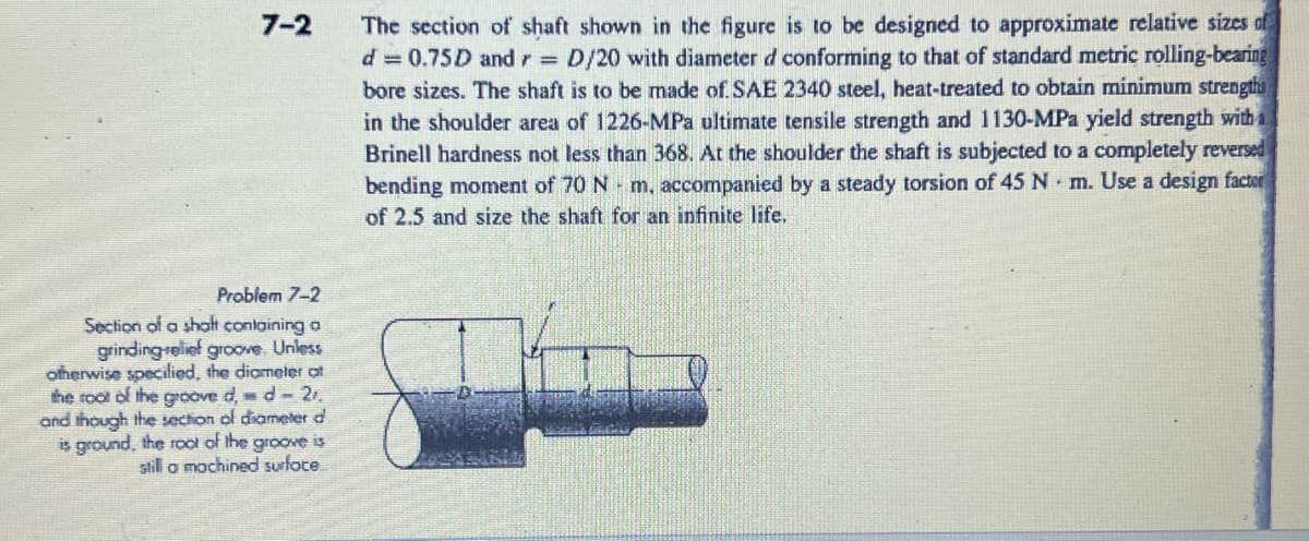 7-2
Problem 7-2
Section of a shalt containing a
grinding-relief groove. Unless
otherwise specified, the diameter at
the root of the groove d, d-2.
and though the section of diameter d
is ground, the root of the groove is
still a machined surface
The section of shaft shown in the figure is to be designed to approximate relative sizes of
d = 0.75D and r = D/20 with diameter d conforming to that of standard metric rolling-bearing
bore sizes. The shaft is to be made of SAE 2340 steel, heat-treated to obtain minimum strengths
in the shoulder area of 1226-MPa ultimate tensile strength and 1130-MPa yield strength with a
Brinell hardness not less than 368. At the shoulder the shaft is subjected to a completely reversed
bending moment of 70 Nm, accompanied by a steady torsion of 45 Nm. Use a design factor
of 2.5 and size the shaft for an infinite life.