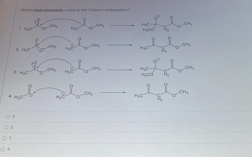 Which best represents a step in the Claisen condensation?
CH3
CH3
H3C
CH3
1. H3C
H3C
H3CO
CH3
CH3
CH3
2. H3C
H2C
H3C
H2
CH3
CH3
H3C-
CH3
3. НаС
H2C
H3CO
CH3
CH3
4. H3C
H2C
H3C
H2
оз
O 2
O 1
O 4
