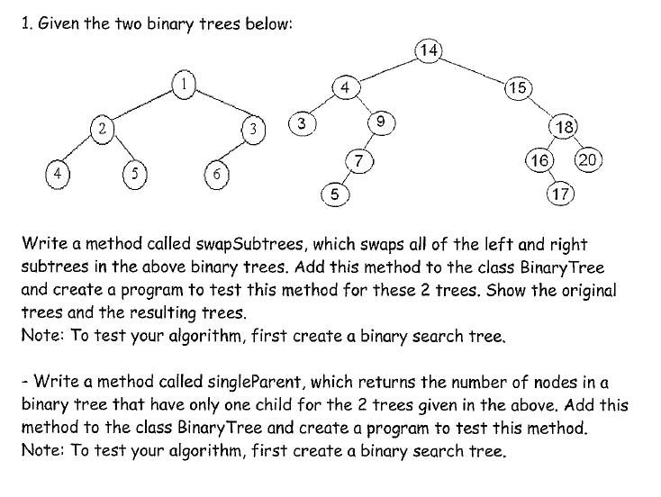 1. Given the two binary trees below:
(14)
4
15
3
3
18)
7.
(16)
(20)
5
17
Write a method called swapSubtrees, which swaps all of the left and right
subtrees in the above binary trees. Add this method to the class BinaryTree
and create a program to test this method for these 2 trees. Show the original
trees and the resulting trees.
Note: To test your algorithm, first create a binary search tree,
- Write a method called singleParent, which returns the number of nodes in a
binary tree that have only one child for the 2 trees given in the above. Add this
method to the class Binary Tree and create a program to test this method.
Note: To test your algorithm, first create a binary search tree.
