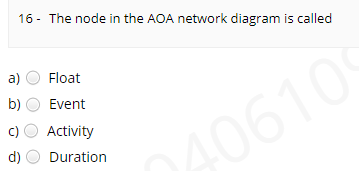 16 - The node in the AOA network diagram is called
a)
Float
b)
Event
c)
Activity
40610
d)
Duration
