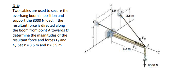 Q-4:
1.9 m B
Two cables are used to secure the
2.5 m
overhang boom in position and
support the 8000 N load. If the
resultant force is directed along
the boom from point A towards 0,
determine the magnitudes of the
resultant force and forces Fg and
FB
Fc. Set x = 3.5 m and z = 3.9 m.
FC
6.2 m
8000 N
