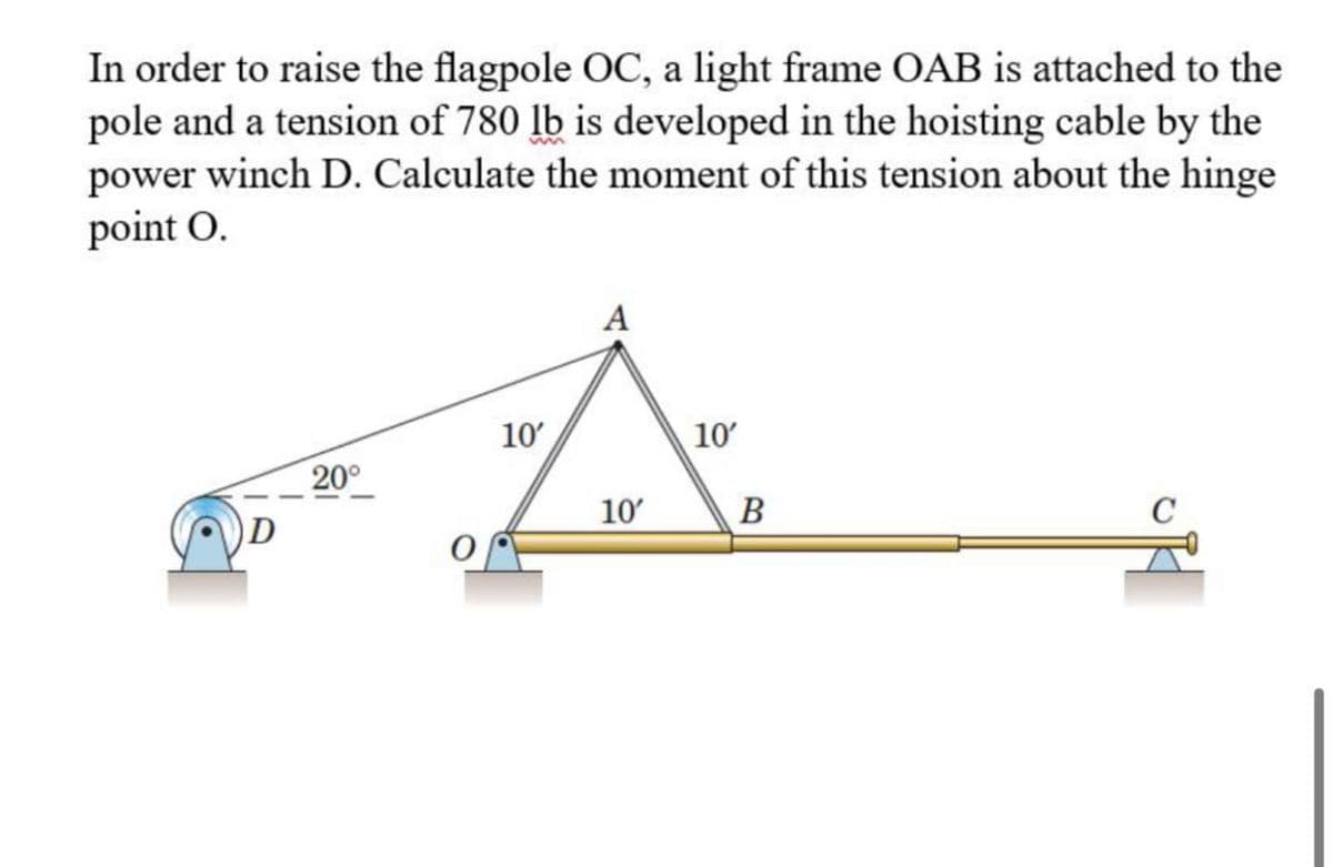 In order to raise the flagpole OC, a light frame OAB is attached to the
pole and a tension of 780 lb is developed in the hoisting cable by the
power winch D. Calculate the moment of this tension about the hinge
point O.
10'
10
20°
10
В
D
