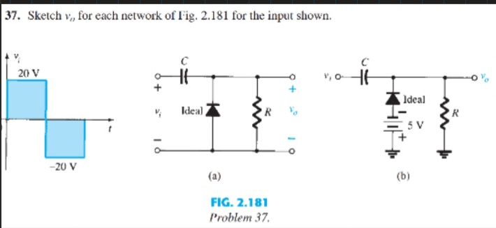 37. Sketch v, for each network of l'ig. 2.181 for the input shown.
20 V
v, oHE
Ideal
Ideal
R
R
5 V
-20 V
(a)
(b)
FIG. 2.181
Problem 37.
