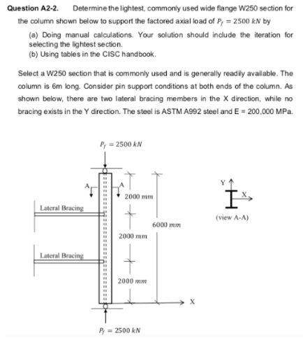 Question A2-2. Determine the lightest, commonly used wide flange W250 section for
the column shown below to support the factored axial lo ad of P, = 2500 kN by
(a) Doing manual calculations. Your solution should include the iteration for
selecting the lightest section.
(b) Using tables in the CISC handbook.
Select a W250 section that is commonly used and is generally readily available. The
column is 6m long. Consider pin support conditions at both ends of the column. As
shown below, there are two lateral bracing members in the X direction, while no
bracing exists in the Y direction. The steel is ASTM A992 steel and E = 200,000 MPa.
P; = 2500 kN
2000 mm
Lateral Bracing
(view A-A)
6000 mm
2000 mm
Lateral Bracing
2000 mm
= 2500 kN
