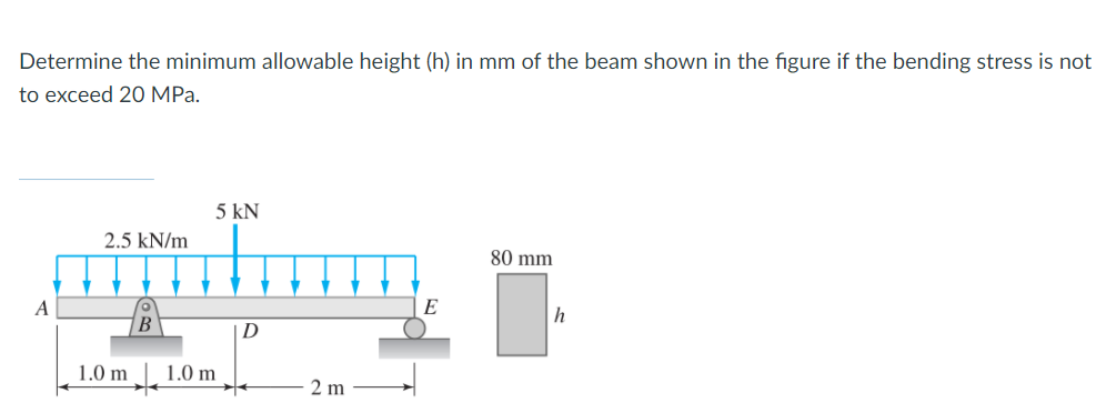 Determine the minimum allowable height (h) in mm of the beam shown in the figure if the bending stress is not
to exceed 20 MPа.
5 kN
2.5 kN/m
80 mm
A
E
D
1.0 m 1.0 m
2 m

