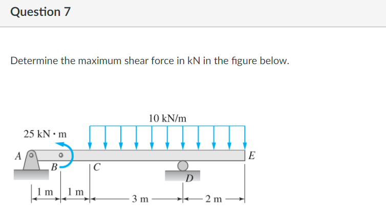 Question 7
Determine the maximum shear force in kN in the figure below.
10 kN/m
25 kN • m
A
E
B
C
D
1 m
1 m
3 m
2 m
