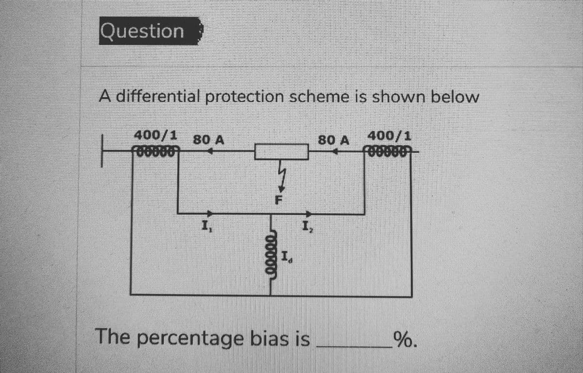 Question
A differential protection scheme is shown below
400/1 80 A
160000
80 A 400/1
168000
I,
4
100000
I,
I,
The percentage bias is
%.