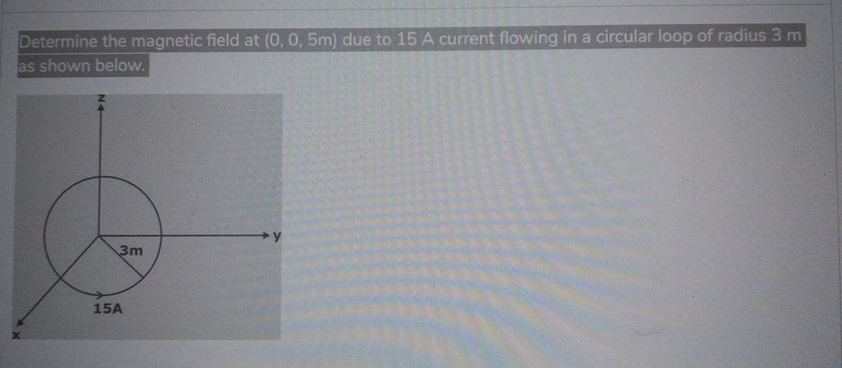 Determine the magnetic field at (0, 0, 5m) due to 15 A current flowing in a circular loop of radius 3 m
as shown below.
3m
15A