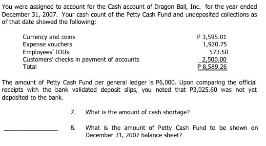 You were assigned to account for the Cash account of Dragon Ball, Inc. for the year ended
December 31, 2007. Your cash count of the Petty Cash Fund and undeposited collections as
of that date showed the following:
P 3,595.01
1,920.75
Currency and coins
Expense vouchers
Employees' IOUS
Customers' checks in payment of accounts
573.50
2,500.00
P 8,589.26
Total
The amount of Petty Cash Fund per general ledger is P6,000. Upon comparing the official
receipts with the bank validated deposit slips, you noted that P3,025.60 was not yet
deposited to the bank.
7. What is the amount of cash shortage?
What is the amount of Petty Cash Fund to be shown on
December 31, 2007 balance sheet?
8.
