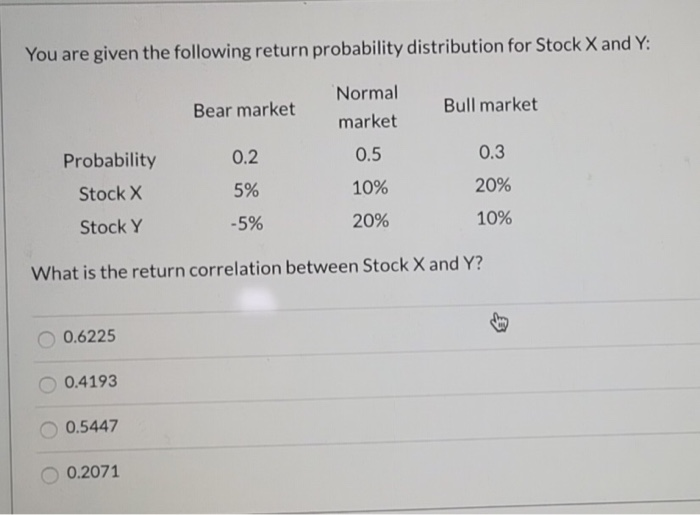 You are given the following return probability distribution for Stock X and Y:
Normal
market
0.5
10%
20%
Probability
Stock X
Stock Y
0.6225
0.4193
0.5447
Bear market
What is the return correlation between Stock X and Y?
0.2071
0.2
5%
-5%
Bull market
0.3
20%
10%