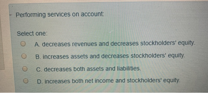 Performing services on account:
Select one:
O A. decreases revenues and decreases stockholders' equity.
B. increases assets and decreases stockholders' equity.
O
C. decreases both assets and liabilities.
D. increases both net income and stockholders' equity.