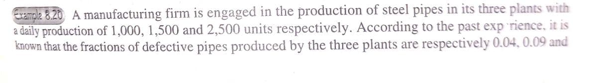 Example 8.20 A manufacturing firm is engaged in the production of steel pipes in its three plants with
a daily production of 1,000, 1,500 and 2,500 units respectively. According to the past exp 'rience, it is
known that the fractions of defective pipes produced by the three plants are respectively 0.04, 0.09 and
