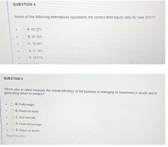 QUESTION 4
Which of the following alternatives represents the correct debt-equity ratio for year 2021?
O A. 50.22%
B. 30.15%
C. 18,89%
D. 17.19%
E. 19,57%
Deent Seinetin
QUESTION 5
Which ratio or ratios measure the overall efficiency of the business in managing its investment in assets and in
generating return to owners?
O A. Profit margin
O B. Return on equity
C. Acid test ratio
) D. Financial leverage
OE Return on assets
Reset Selection
