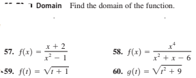 1 Domain Find the domain of the function.
x + 2
57. f(x) =
58. f(x)
x + x- 6
59. f(1) = V + I
60. g(1) = Vt + 9
