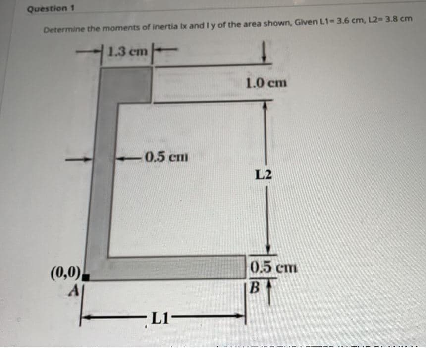 Question 1
Determine the moments of inertia Ix andly of the area shown, Given L1= 3.6 cm, L2= 3.8 cm
1.3 cm
1.0 cm
0.5 cm
L2
0.5 ст
(0,0)
A|
B
-L1-
