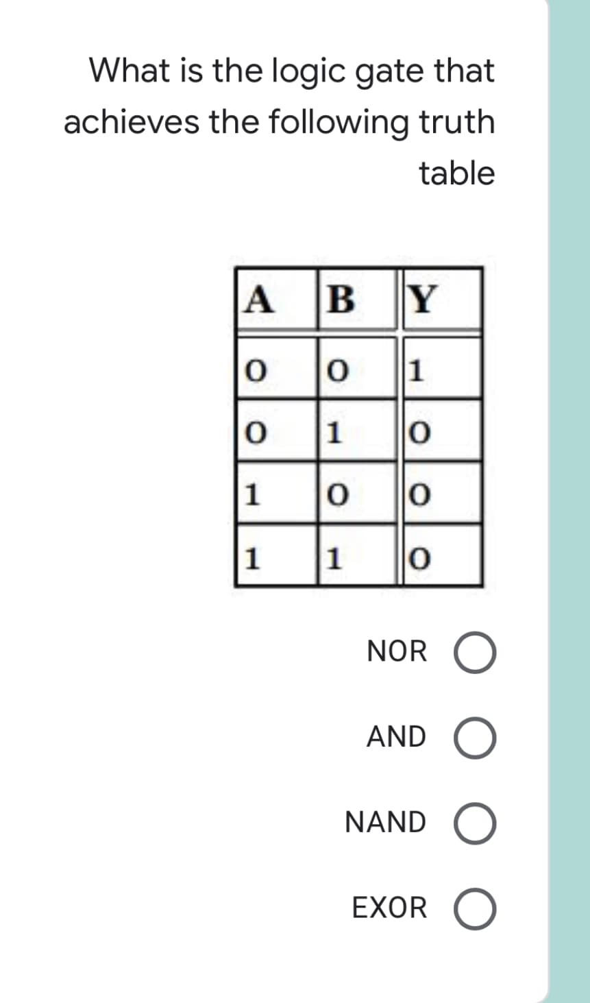 What is the logic gate that
achieves the following truth
table
A BY
oo 1
0 1 0
1
1
NOR
AND O
NAND O
EXOR O
