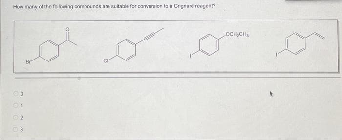 How many of the following compounds are suitable for conversion to a Grignard reagent?
00
01
2
3
Br
CI
LOCH₂CH3