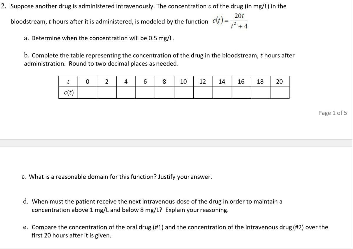 2. Suppose another drug is administered intravenously. The concentration c of the drug (in mg/L) in the
bloodstream, t hours after it is administered, is modeled by the function c(t)=
20t
=
a. Determine when the concentration will be 0.5 mg/L.
b. Complete the table representing the concentration of the drug in the bloodstream, t hours after
administration. Round to two decimal places as needed.
t
c(t)
0
2
4
6
8
10 12
c. What is a reasonable domain for this function? Justify your answer.
14
t +4
16 18 20
d. When must the patient receive the next intravenous dose of the drug in order to maintain a
concentration above 1 mg/L and below 8 mg/L? Explain your reasoning.
Page 1 of 5
e. Compare the concentration of the oral drug (#1) and the concentration of the intravenous drug (#2) over the
first 20 hours after it is given.