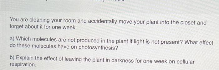 You are cleaning your room and accidentally move your plant into the closet and
forget about it for one week.
a) Which molecules are not produced in the plant if light is not present? What effect
do these molecules have on photosynthesis?
b) Explain the effect of leaving the plant in darkness for one week on cellular
respiration.
