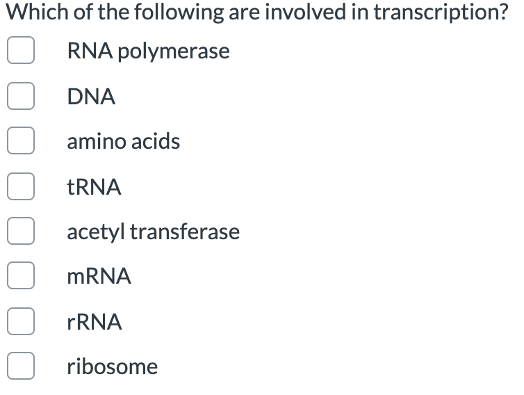 Which of the following are involved in transcription?
RNA polymerase
DNA
amino acids
TRNA
acetyl transferase
MRNA
FRNA
O ribosome

