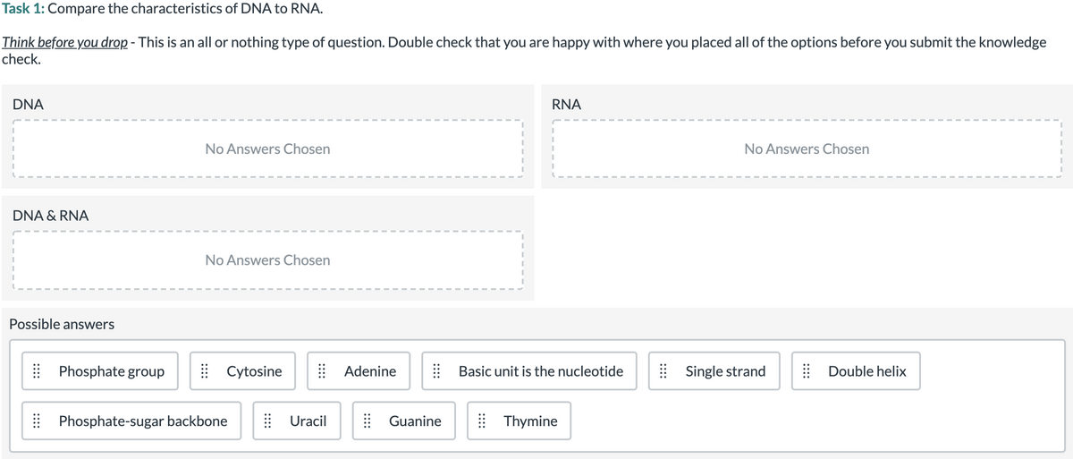 Task 1: Compare the characteristics of DNA to RNA.
Think before you drop - This is an all or nothing type of question. Double check that you are happy with where you placed all of the options before you submit the knowledge
check.
DNA
RNA
No Answers Chosen
No Answers Chosen
DNA & RNA
No Answers Chosen
Possible answers
Phosphate group
| Cytosine
Adenine
Basic unit is the nucleotide
Single strand
Double helix
E Phosphate-sugar backbone
| Uracil
| Guanine
| Thymine
::::
::::
