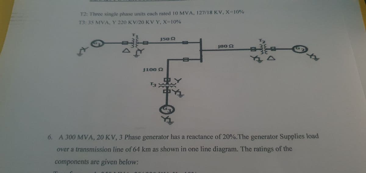 T2: Three single phase units each rated 10 MVA, 127/18 KV, X-10%
T3: 35 MVA, Y 220 KV/20 KV Y, X-10%
J50 S
£100 £2
T3
180 22
**
Ay
A
6. A 300 MVA, 20 KV, 3 Phase generator has a reactance of 20%. The generator Supplies load
over a transmission line of 64 km as shown in one line diagram. The ratings of the
components are given below: