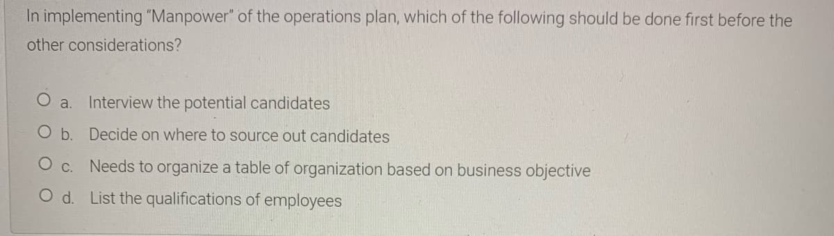 In implementing "Manpower" of the operations plan, which of the following should be done first before the
other considerations?
O a.
Interview the potential candidates
O b. Decide on where to source out candidates
O c. Needs to organize a table of organization based on business objective
O d. List the qualifications of employees

