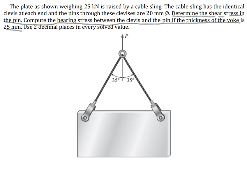 The plate as shown weighing 25 kN is raised by a cable sling. The cable sling has the identical
clevis at each end and the pins through these clevises are 20 mm Ø. Determine the shear stress in
the pin. Compute the bearing stress between the clevis and the pin if the thickness of the yoke is
25 mm. Use 2 decimal places in every solved value.
P
35° 35°
