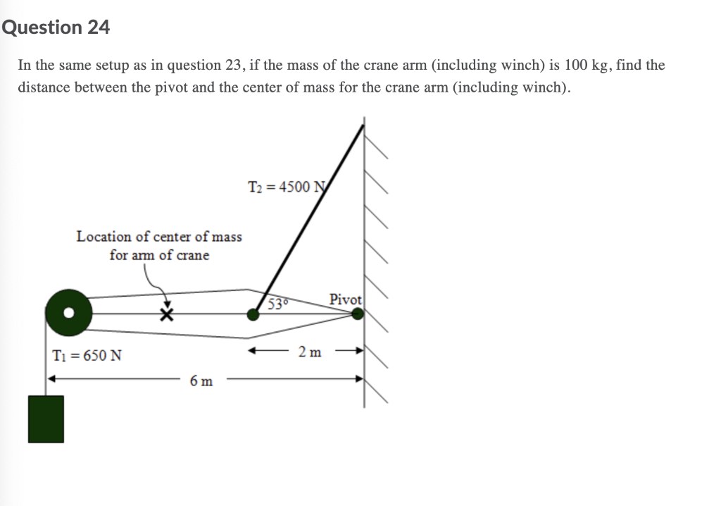 Question 24
In the same setup as in question 23, if the mass of the crane arm (including winch) is 100 kg, find the
distance between the pivot and the center of mass for the crane arm (including winch).
T2 = 4500 N
Location of center of mass
for am of crane
53
Pivot
T1 = 650 N
2 m
6 m

