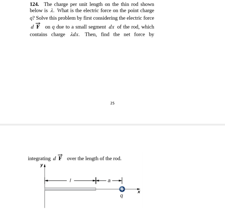 124. The charge per unit length on the thin rod shown
below is 2. What is the electric force on the point charge
q? Solve this problem by first considering the electric force
dF on q due to a small segment dx of the rod, which
contains charge idx. Then, find the net force by
25
integrating d F over the length of the rod.
