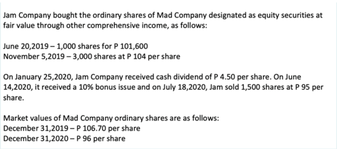 Jam Company bought the ordinary shares of Mad Company designated as equity securities at
fair value through other comprehensive income, as follows:
June 20,2019-1,000 shares for P 101,600
November 5,2019-3,000 shares at P 104 per share
On January 25,2020, Jam Company received cash dividend of P 4.50 per share. On June
14,2020, it received a 10% bonus issue and on July 18,2020, Jam sold 1,500 shares at P 95 per
share.
Market values of Mad Company ordinary shares are as follows:
December 31,2019-P 106.70 per share
December 31,2020-P 96 per share