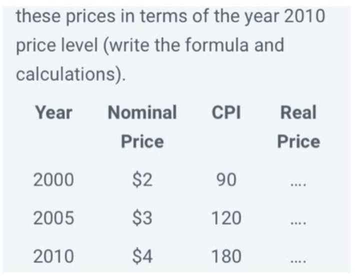 these prices in terms of the year 2010
price level (write the formula and
calculations).
Year
Nominal
CPI
Real
Price
Price
2000
$2
90
2005
$3
120
2010
$4
180
