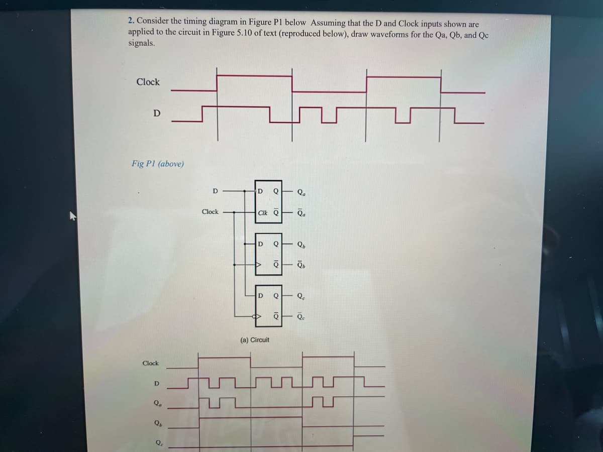 2. Consider the timing diagram in Figure P1 below Assuming that the D and Clock inputs shown are
applied to the circuit in Figure 5.10 of text (reproduced below), draw waveforms for the Qa, Qb, and Qc
signals.
Ħ
Clock
D
Fig Pl (above)
Clock
D
Qa
Qb
Q₂
D
Clock
T
E
E
D Q
CIK O
D
▷
Q
D Q
(a) Circuit
O
10
T
Qa
Qa
Qb
Ob
Q
Q Qc