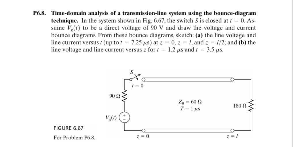 P6.8. Time-domain analysis of a transmission-line system using the bounce-diagram
technique. In the system shown in Fig. 6.67, the switch S is closed at t = 0. As-
sume V(t) to be a direct voltage of 90 V and draw the voltage and current
bounce diagrams. From these bounce diagrams, sketch: (a) the line voltage and
line current versus t (up to t = 7.25 μs) at z = 0, z = 1, and z = 1/2; and (b) the
line voltage and line current versus z for t = 1.2 μs and t = 3.5 µs.
FIGURE 6.67
For Problem P6.8.
90 Ω
V₂(t)
t=0
z=0
Ζο = 60 Ω
T = 1 μs
180 Ω
z=1
www