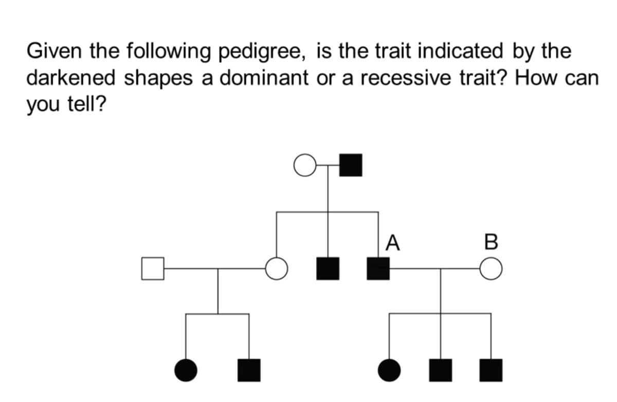 Given the following pedigree, is the trait indicated by the
darkened shapes a dominant or a recessive trait? How can
you tell?
А
B
