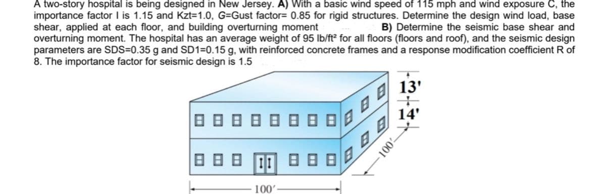 A two-story hospital is being designed in New Jersey. A) With a basic wind speed of 115 mph and wind exposure C, the
importance factor I is 1.15 and Kzt=1.0, G-Gust factor= 0.85 for rigid structures. Determine the design wind load, base
shear, applied at each floor, and building overturning moment
B) Determine the seismic base shear and
overturning moment. The hospital has an average weight of 95 lb/ft² for all floors (floors and roof), and the seismic design
parameters are SDS-0.35 g and SD1=0.15 g, with reinforced concrete frames and a response modification coefficient R of
8. The importance factor for seismic design is 1.5
日 日 日
日日
1 日日日
100'
BB
B
B
100'
13'
14'