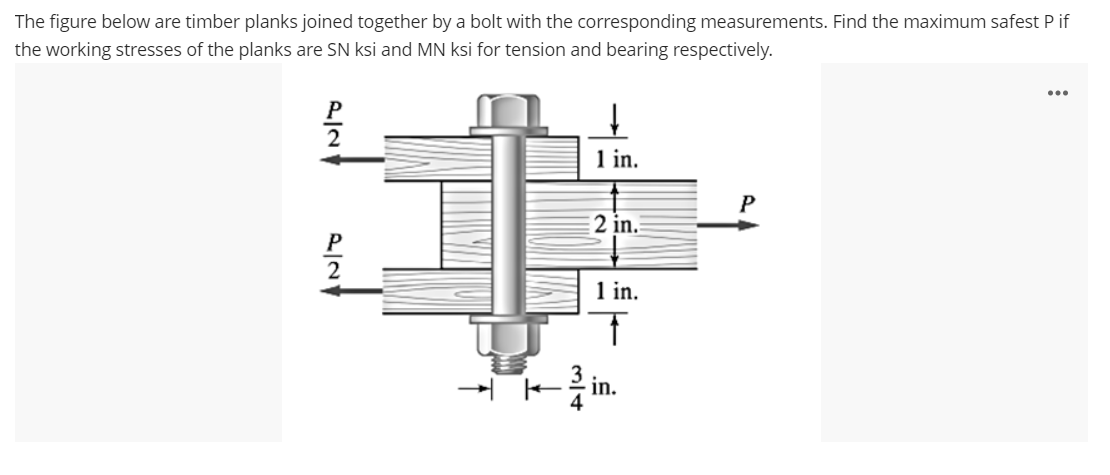 The figure below are timber planks joined together by a bolt with the corresponding measurements. Find the maximum safest P if
the working stresses of the planks are SN ksi and MN ksi for tension and bearing respectively.
...
2
1 in.
2 in.
1 in.
in.
