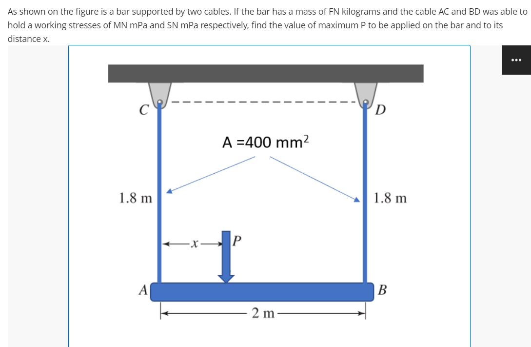 As shown on the figure is a bar supported by two cables. If the bar has a mass of FN kilograms and the cable AC and BD was able to
hold a working stresses of MN mPa and SN mPa respectively, find the value of maximum P to be applied on the bar and to its
distance x.
...
D
A =400 mm?
1.8 m
1.8 m
-X -
A
В
2 m
