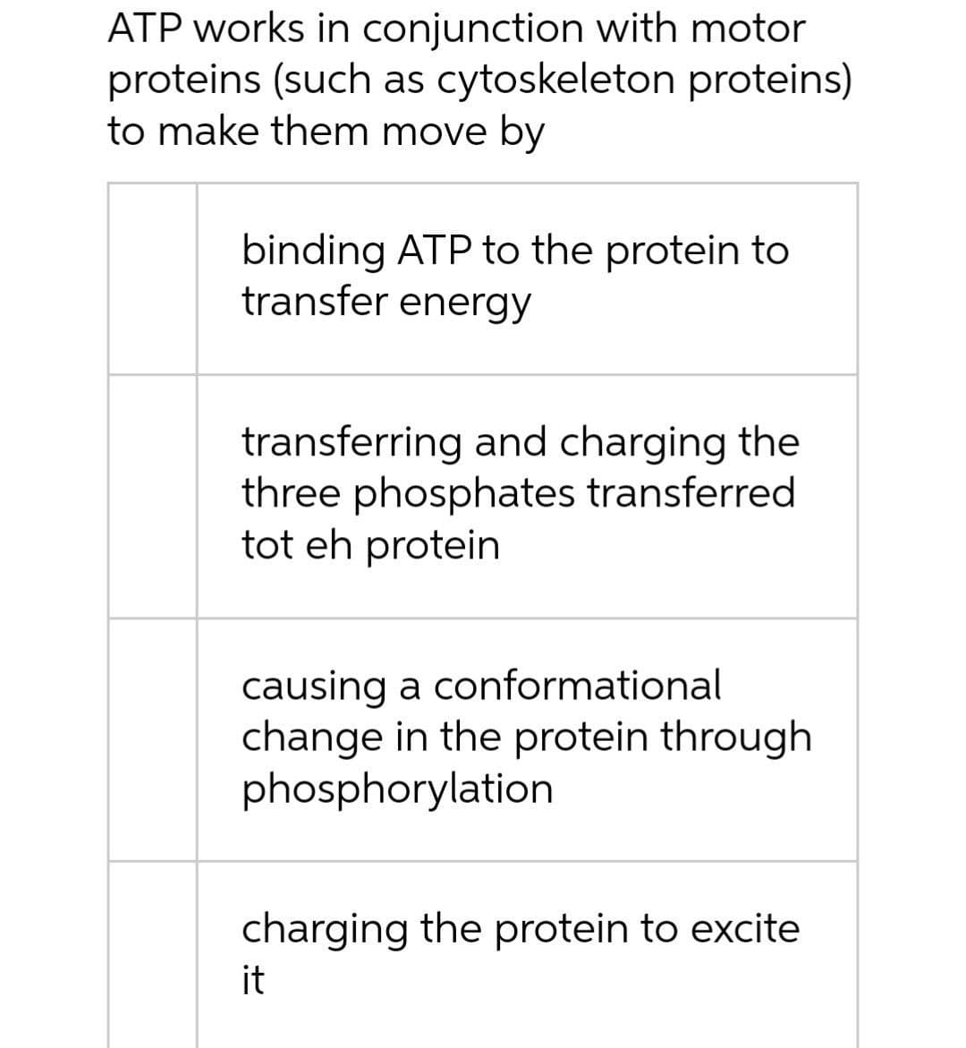 ATP works in conjunction with motor
proteins (such as cytoskeleton proteins)
to make them move by
binding ATP to the protein to
transfer energy
transferring and charging the
three phosphates transferred
tot eh protein
causing a conformational
change in the protein through
phosphorylation
charging the protein to excite
it

