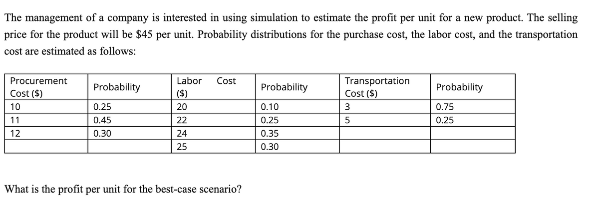 The management of a company is interested in using simulation to estimate the profit per unit for a new product. The selling
price for the product will be $45 per unit. Probability distributions for the purchase cost, the labor cost, and the transportation
cost are estimated as follows:
Labor
Cost
Transportation
Cost ($)
Procurement
Probability
Probability
Probability
Cost ($)
($)
10
0.25
20
0.10
3
0.75
11
0.45
22
0.25
0.25
12
0.30
24
0.35
25
0.30
What is the profit per unit for the best-case scenario?
